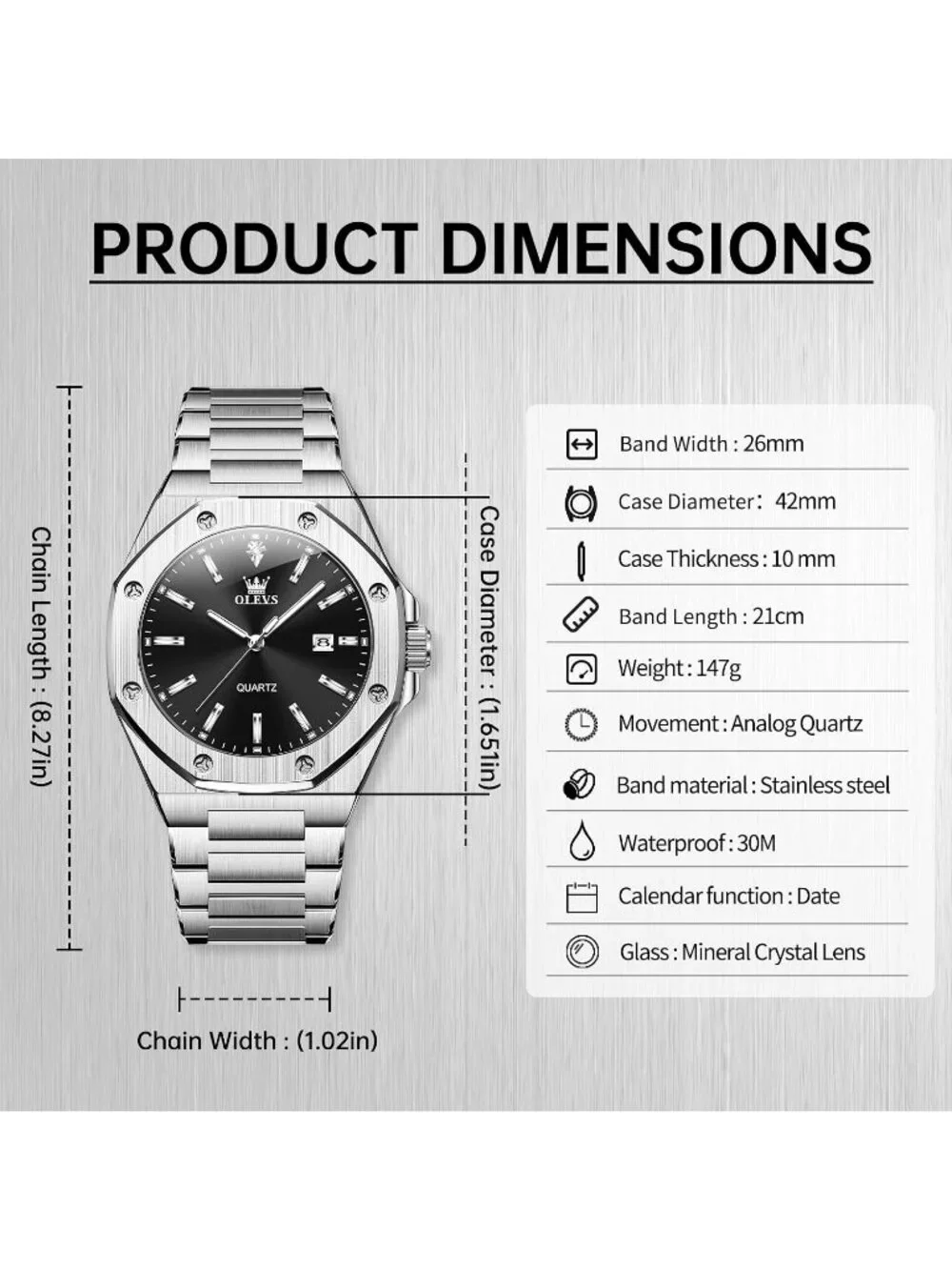Men's Silver/Black Luxury Octagon Stainless Steel Waterproof Dress Wrist Watch
